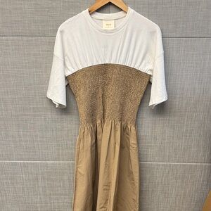 Maeve Two-Tone Smocked Midi Dress - White & Tan